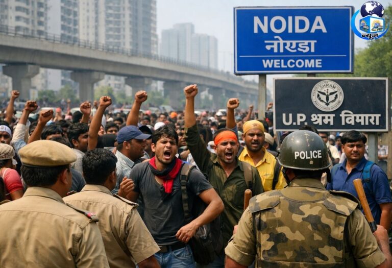 नोएडा में मजदूरों का उग्र प्रदर्शन, प्रशासन सख्त-43 ठेकेदारों को नोटिस, 10 के लाइसेंस रद्द