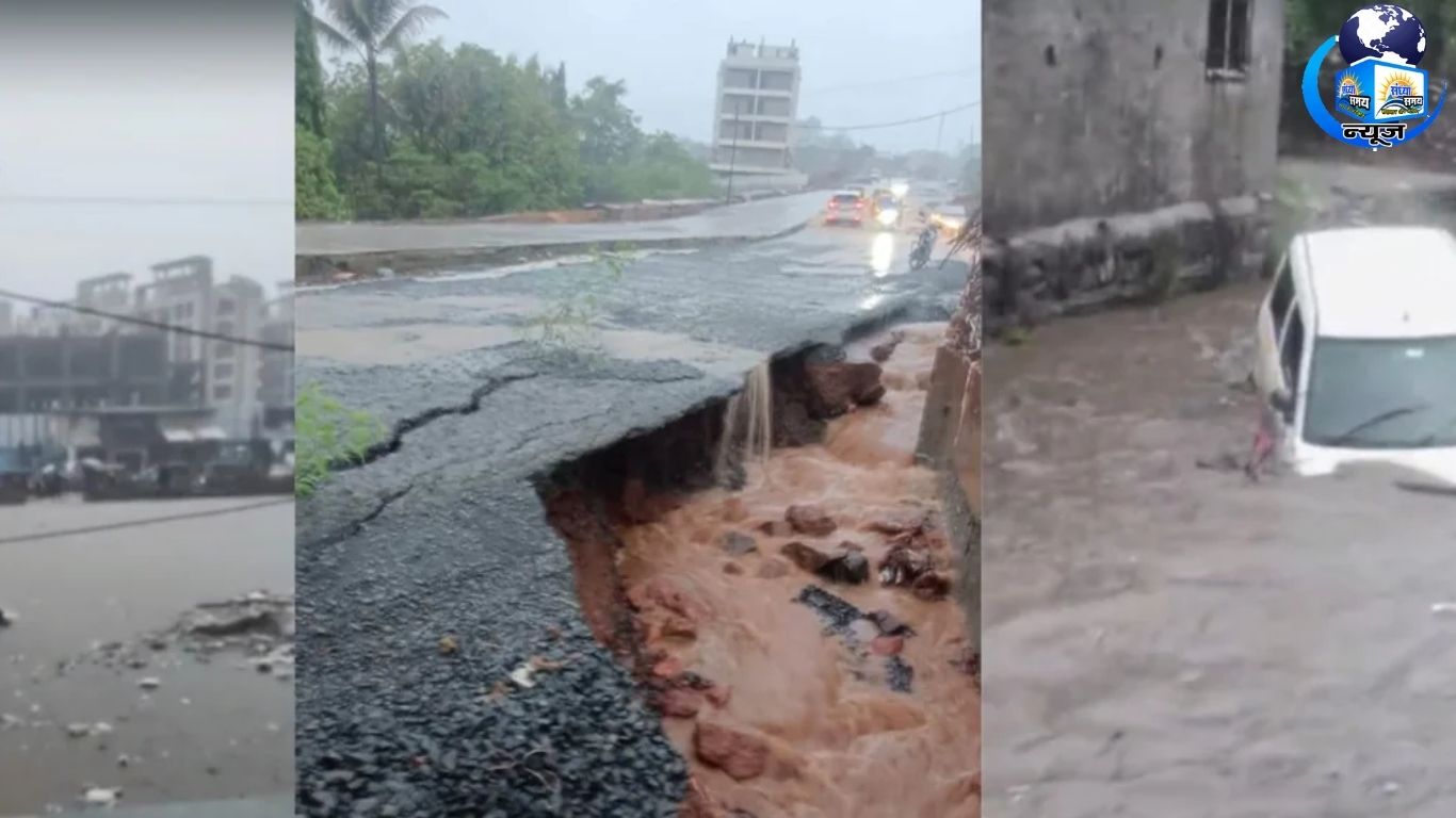 तेज बारिश में नाले का तेज बहाव, गाड़ी बह जाने का खतरा